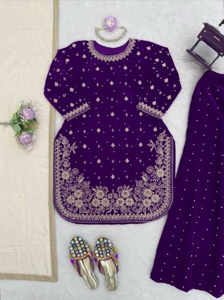 Bold Purple Fully Stitch Velvet Thread and Sequence Work  for Boutique Buyers Ready To Wear Collection