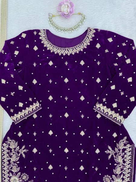 Bold Purple Fully Stitch Velvet Thread and Sequence Work  for Boutique Buyers Ready To Wear Collection