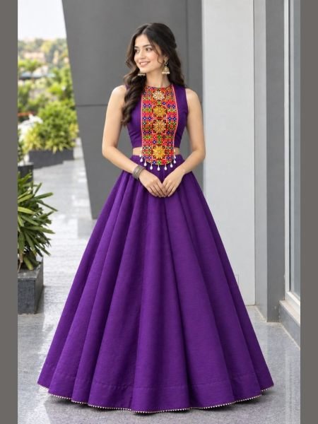 Bold Purple Roman Silk Navratri Lehenga Choli with Mirror and Kodi Work for Dandiya   Lehenga