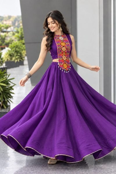 Bold Purple Roman Silk Navratri Lehenga Choli with Mirror and Kodi Work for Dandiya  Navratri Lehnega Choli