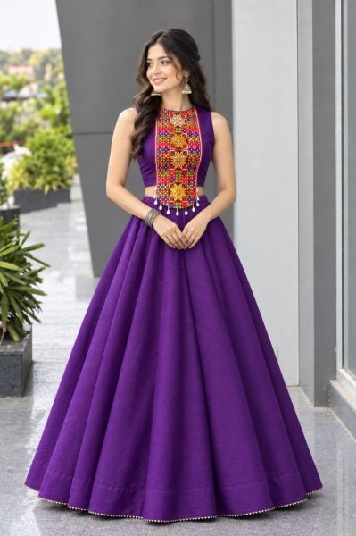 Bold Purple Roman Silk Navratri Lehenga Choli with Mirror and Kodi Work for Dandiya  Navratri Lehnega Choli