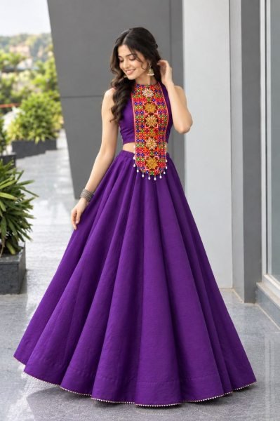 Bold Purple Roman Silk Navratri Lehenga Choli with Mirror and Kodi Work for Dandiya  Navratri Lehnega Choli