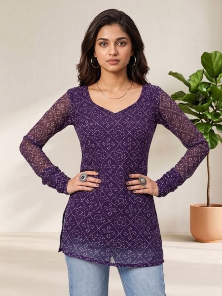 Bold Purple Soft Georgette Bandhani Print Kurti with Stylish Full Sleeves for Garba Nights 