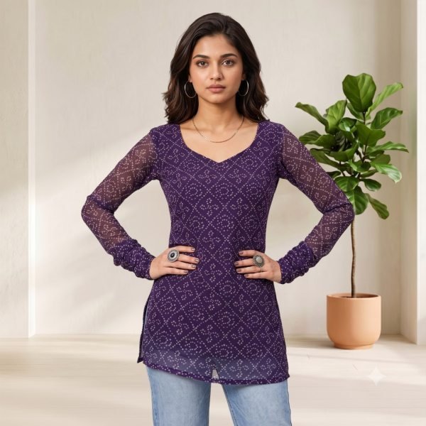 Bold Purple Soft Georgette Bandhani Print Kurti with Stylish Full Sleeves for Garba Nights Full Set Kurti