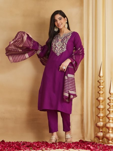 Bold Purple Viscose Rayon Embroidered Kurti Pant Set with Chanderi Jacquard Dupatta Kurtis