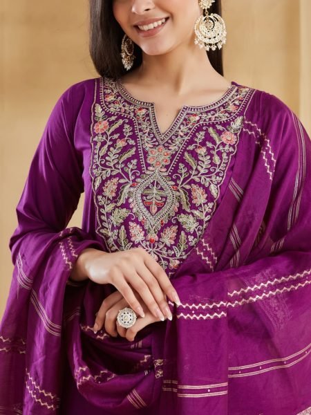 Bold Purple Viscose Rayon Embroidered Kurti Pant Set with Chanderi Jacquard Dupatta Embroidery Kurtis 