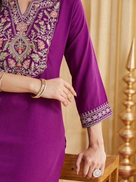 Bold Purple Viscose Rayon Embroidered Kurti Pant Set with Chanderi Jacquard Dupatta Embroidery Kurtis 