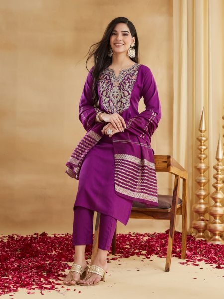Bold Purple Viscose Rayon Embroidered Kurti Pant Set with Chanderi Jacquard Dupatta Embroidery Kurtis 