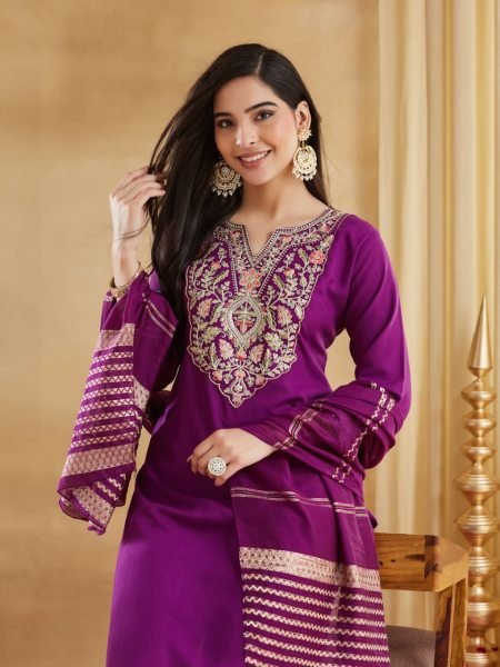 Bold Purple Viscose Rayon Embroidered Kurti Pant Set with Chanderi Jacquard Dupatta Embroidery Kurtis 
