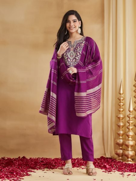 Bold Purple Viscose Rayon Embroidered Kurti Pant Set with Chanderi Jacquard Dupatta Embroidery Kurtis 