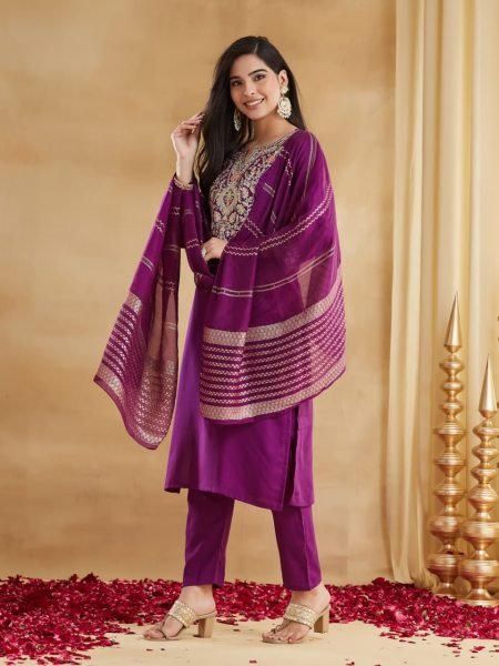 Bold Purple Viscose Rayon Embroidered Kurti Pant Set with Chanderi Jacquard Dupatta Embroidery Kurtis 