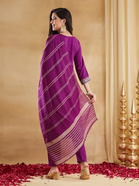 Bold Purple Viscose Rayon Embroidered Kurti Pant Set with Chanderi Jacquard Dupatta Embroidery Kurtis 