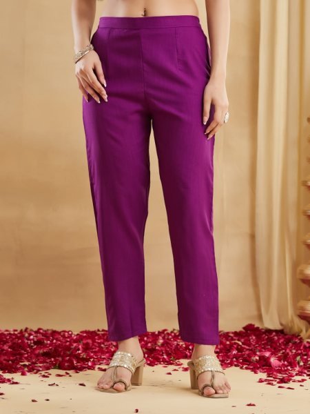Bold Purple Viscose Rayon Embroidered Kurti Pant Set with Chanderi Jacquard Dupatta Embroidery Kurtis 