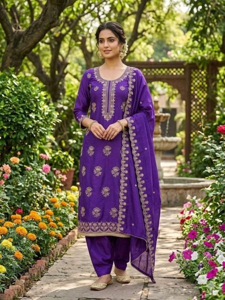 Bold Purple Women's Vichitra Silk Dress Material with Matching Embroidered Dupatta Dress Material 