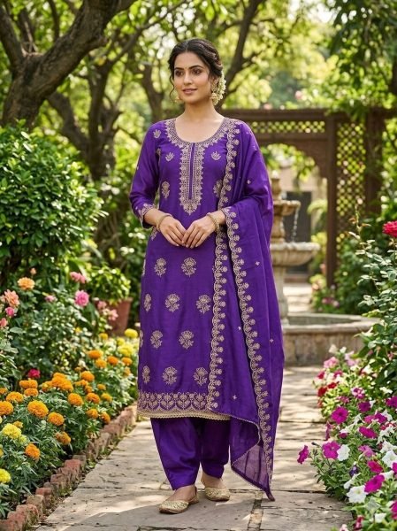 Bold Purple Women's Vichitra Silk Dress Material with Matching Embroidered Dupatta Color Set Matching Dress Material Wholesale
