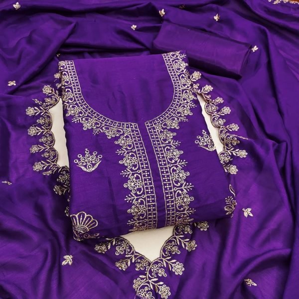 Bold Purple Women's Vichitra Silk Dress Material with Matching Embroidered Dupatta Color Set Matching Dress Material Wholesale