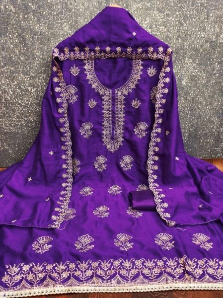 Bold Purple Women's Vichitra Silk Dress Material with Matching Embroidered Dupatta Color Set Matching Dress Material Wholesale