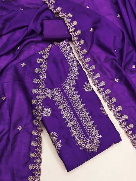Bold Purple Women's Vichitra Silk Dress Material with Matching Embroidered Dupatta Color Set Matching Dress Material Wholesale