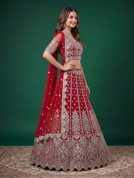 Bold Red Bridal Lehenga with Embroidered Net Dupatta at Manufacturer Rate Bridal Lehenga Choli