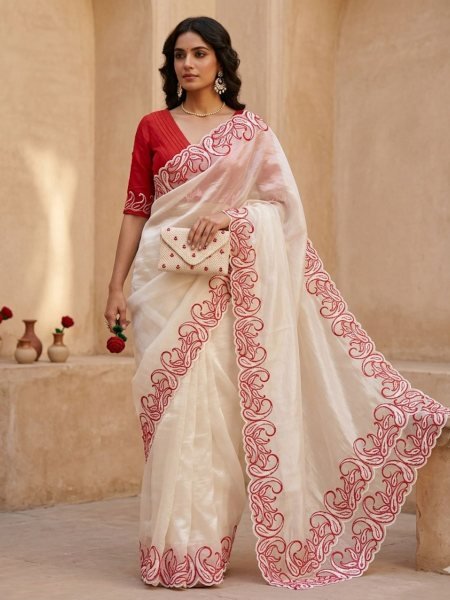 Bold Red Crunchy Silk Saree with Designer Embroidery Cutwork Border for Wedding Wear Sarees 