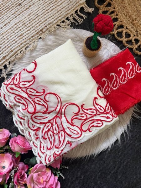 Bold Red Crunchy Silk Saree with Designer Embroidery Cutwork Border for Wedding Wear Silk Sarees Wholesale