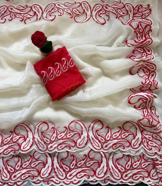 Bold Red Crunchy Silk Saree with Designer Embroidery Cutwork Border for Wedding Wear Silk Sarees Wholesale