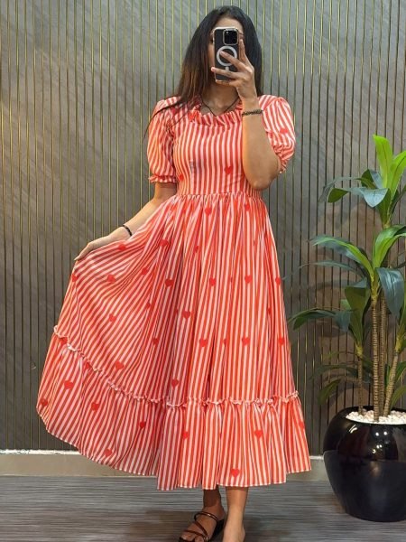 Bold Red Mul Chanderi Long Midi Dress at Manufacturer Price for Daily Wear 