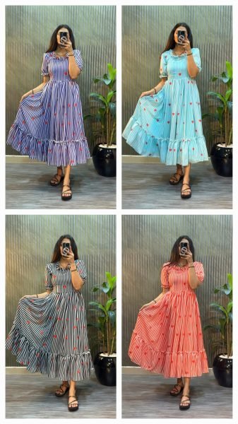 Bold Red Mul Chanderi Long Midi Dress at Manufacturer Price for Daily Wear Western Ladies Top Wholesale