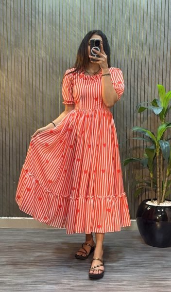 Bold Red Mul Chanderi Long Midi Dress at Manufacturer Price for Daily Wear Western Ladies Top Wholesale