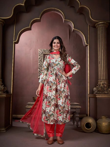 Bold Red Premium Riyon Co Ord Set with Dupatta for Daily Wear Kurtis