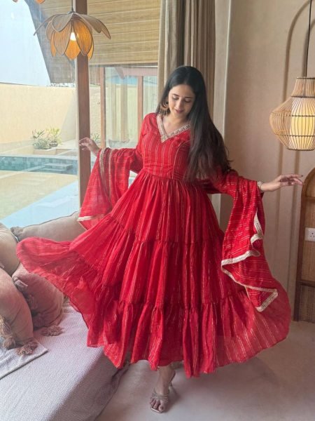 Bold Red Women's Heavy Brocade Anarkali Gown with Pant and Designer Dupatta 