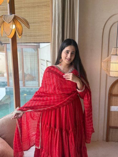 Bold Red Women's Heavy Brocade Anarkali Gown with Pant and Designer Dupatta Ready To Wear Collection