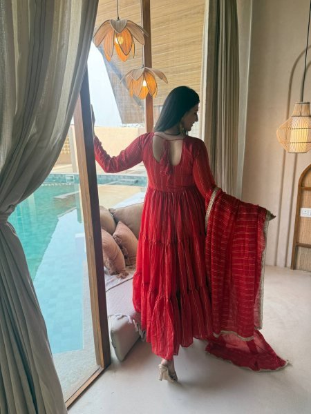 Bold Red Women's Heavy Brocade Anarkali Gown with Pant and Designer Dupatta Ready To Wear Collection