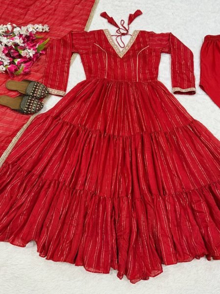 Bold Red Women's Heavy Brocade Anarkali Gown with Pant and Designer Dupatta Ready To Wear Collection