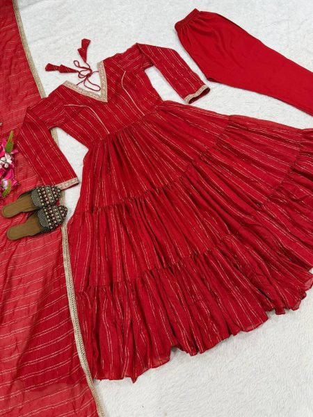 Bold Red Women's Heavy Brocade Anarkali Gown with Pant and Designer Dupatta Ready To Wear Collection