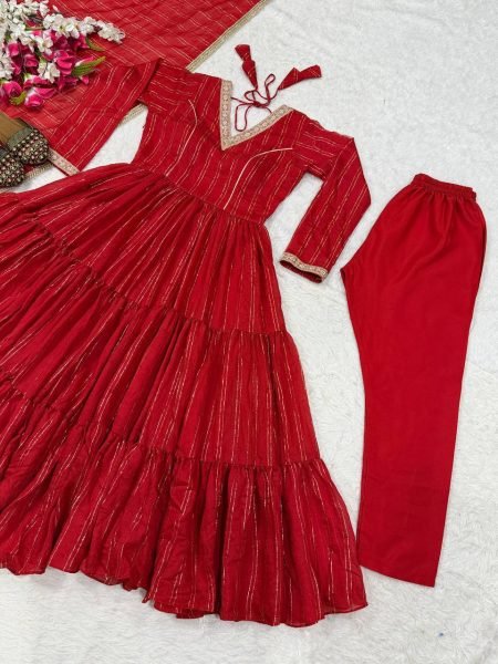 Bold Red Women's Heavy Brocade Anarkali Gown with Pant and Designer Dupatta Ready To Wear Collection
