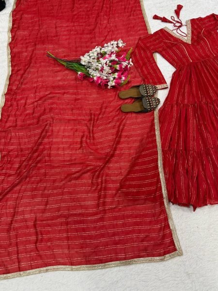 Bold Red Women's Heavy Brocade Anarkali Gown with Pant and Designer Dupatta Ready To Wear Collection