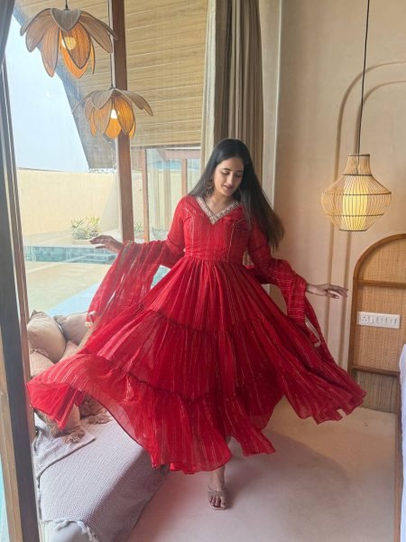 Bold Red Women's Heavy Brocade Anarkali Gown with Pant and Designer Dupatta Ready To Wear Collection