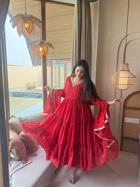 Bold Red Women's Heavy Brocade Anarkali Gown with Pant and Designer Dupatta Ready To Wear Collection