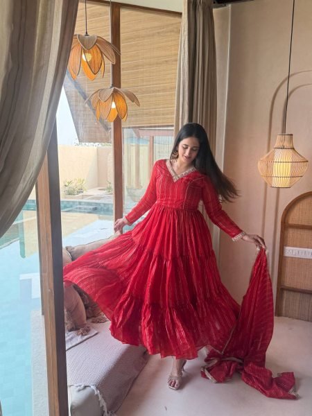 Bold Red Women's Heavy Brocade Anarkali Gown with Pant and Designer Dupatta Ready To Wear Collection