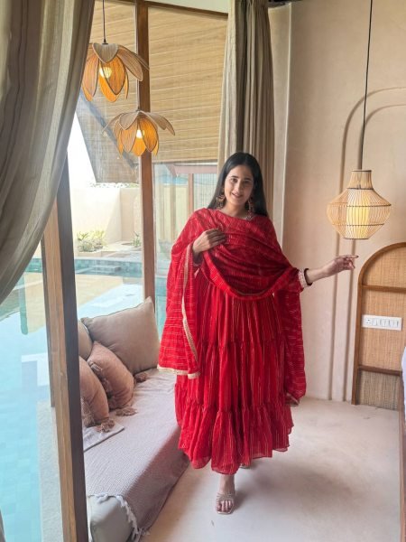 Bold Red Women's Heavy Brocade Anarkali Gown with Pant and Designer Dupatta Ready To Wear Collection