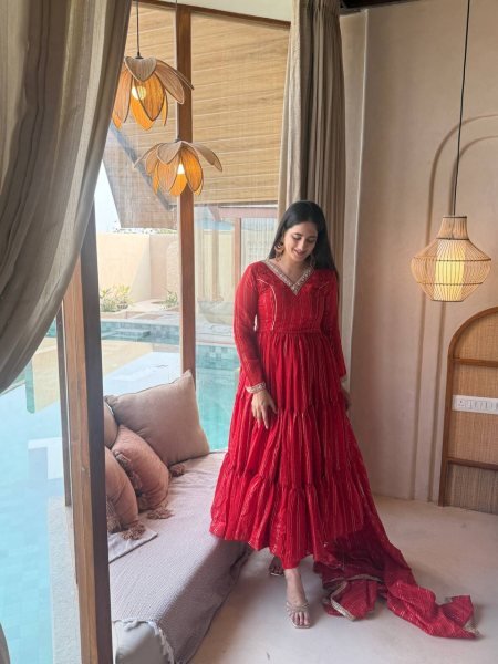 Bold Red Women's Heavy Brocade Anarkali Gown with Pant and Designer Dupatta Ready To Wear Collection
