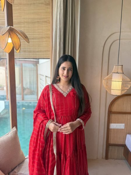 Bold Red Women's Heavy Brocade Anarkali Gown with Pant and Designer Dupatta Ready To Wear Collection