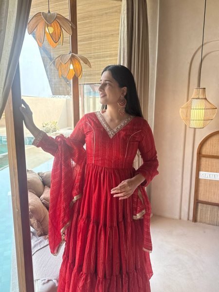 Bold Red Women's Heavy Brocade Anarkali Gown with Pant and Designer Dupatta Ready To Wear Collection