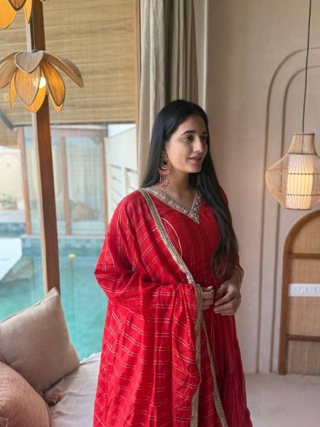 Bold Red Women's Heavy Brocade Anarkali Gown with Pant and Designer Dupatta Ready To Wear Collection