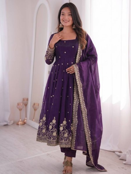 Bold Royal Purple Long Gown Set with Dupatta and Pant for Traditional Wear Ready To Wear Suit