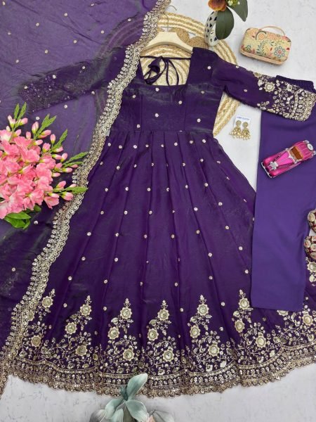 Bold Royal Purple Long Gown Set with Dupatta and Pant for Traditional Wear Ready To Wear Collection