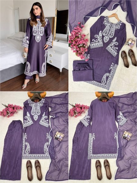 Bold Royal Purple Premium Party Wear Kurti Palazzo Dupatta Set Ready To Wear Collection