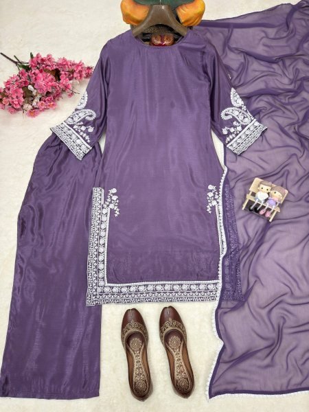 Bold Royal Purple Premium Party Wear Kurti Palazzo Dupatta Set Ready To Wear Collection