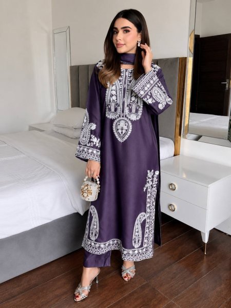Bold Royal Purple Premium Party Wear Kurti Palazzo Dupatta Set Ready To Wear Collection